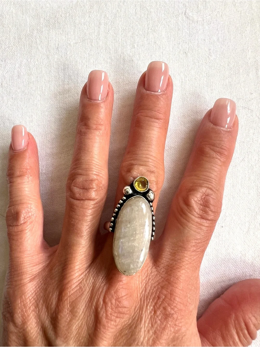925 Solar Chakra Peach Moonstone Ring 8.25